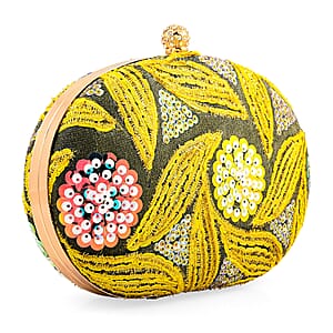 La Marey Yellow Faux Leather Oval Sequin Clutch Bag with Shoulder Strap