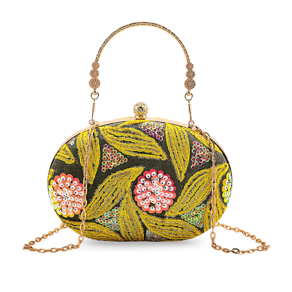 La Marey Yellow Faux Leather Oval Sequin Clutch Bag with Shoulder Strap image number 1