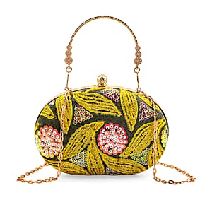 La Marey Yellow Faux Leather Oval Sequin Clutch Bag with Shoulder Strap