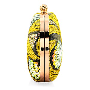 La Marey Yellow Faux Leather Oval Sequin Clutch Bag with Shoulder Strap