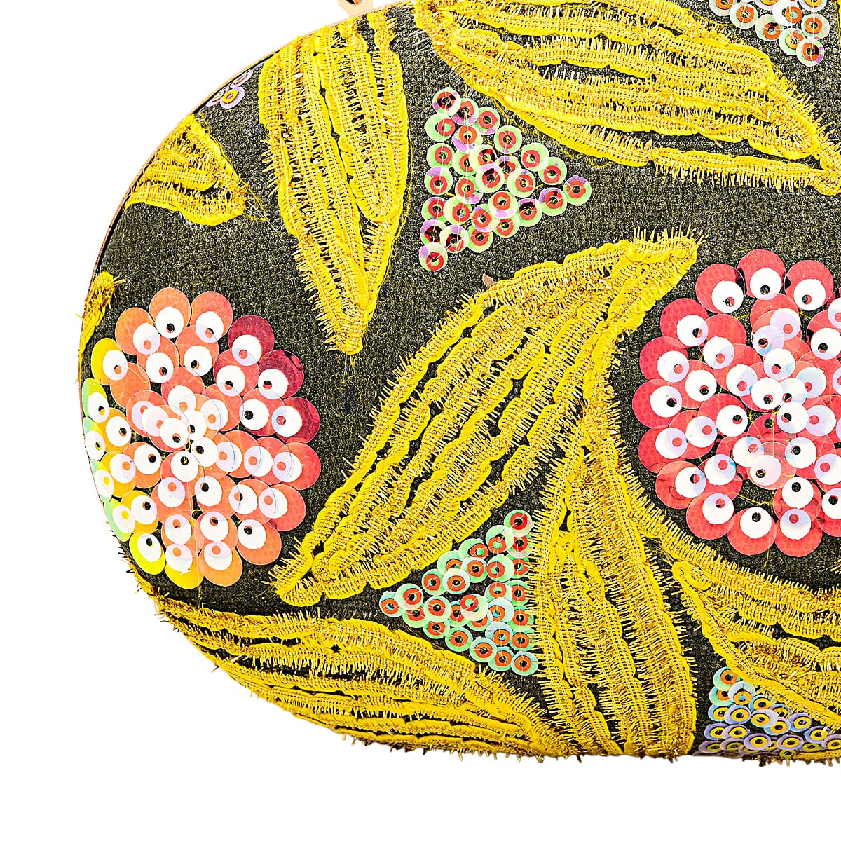 La Marey Yellow Faux Leather Oval Sequin Clutch Bag with Shoulder Strap image number 4
