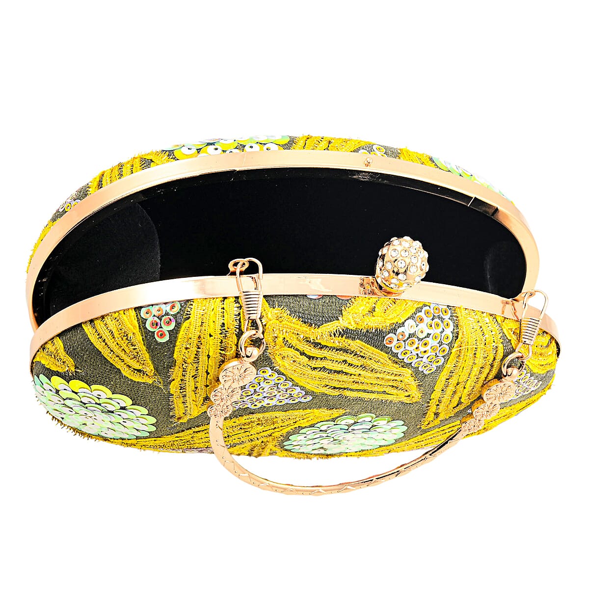 La Marey Yellow Faux Leather Oval Sequin Clutch Bag with Shoulder Strap image number 5
