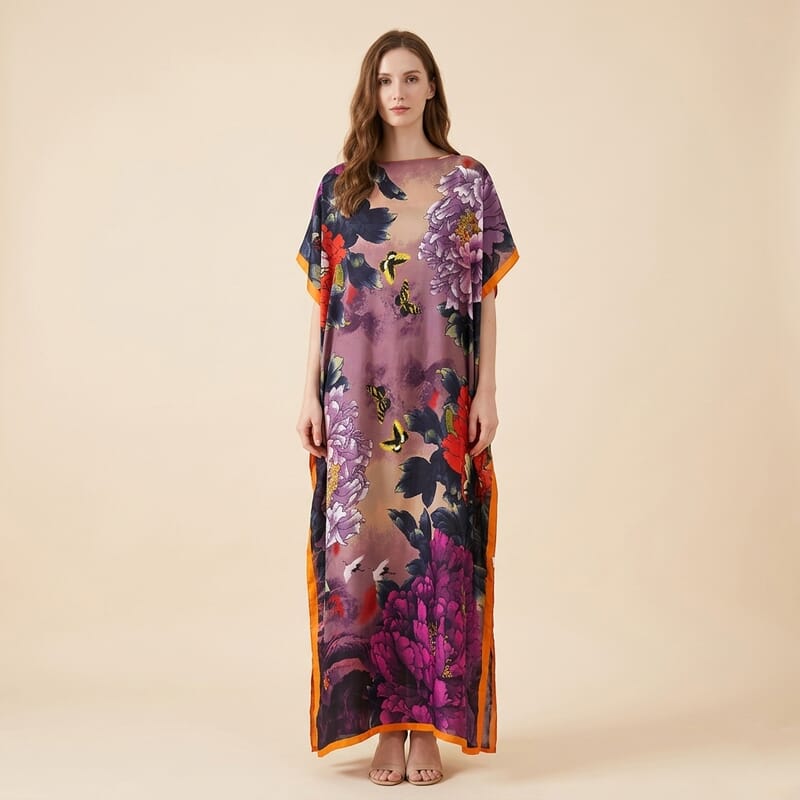 La Marey Purple Floral Print Long Kaftan with Scarf
