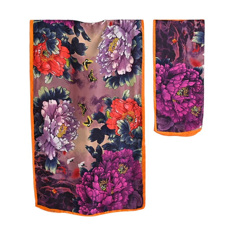 La Marey Purple Floral Print Long Kaftan with Scarf