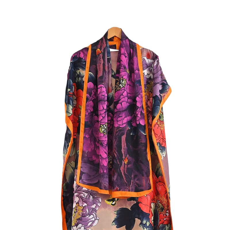 La Marey Purple Floral Print Long Kaftan with Scarf
