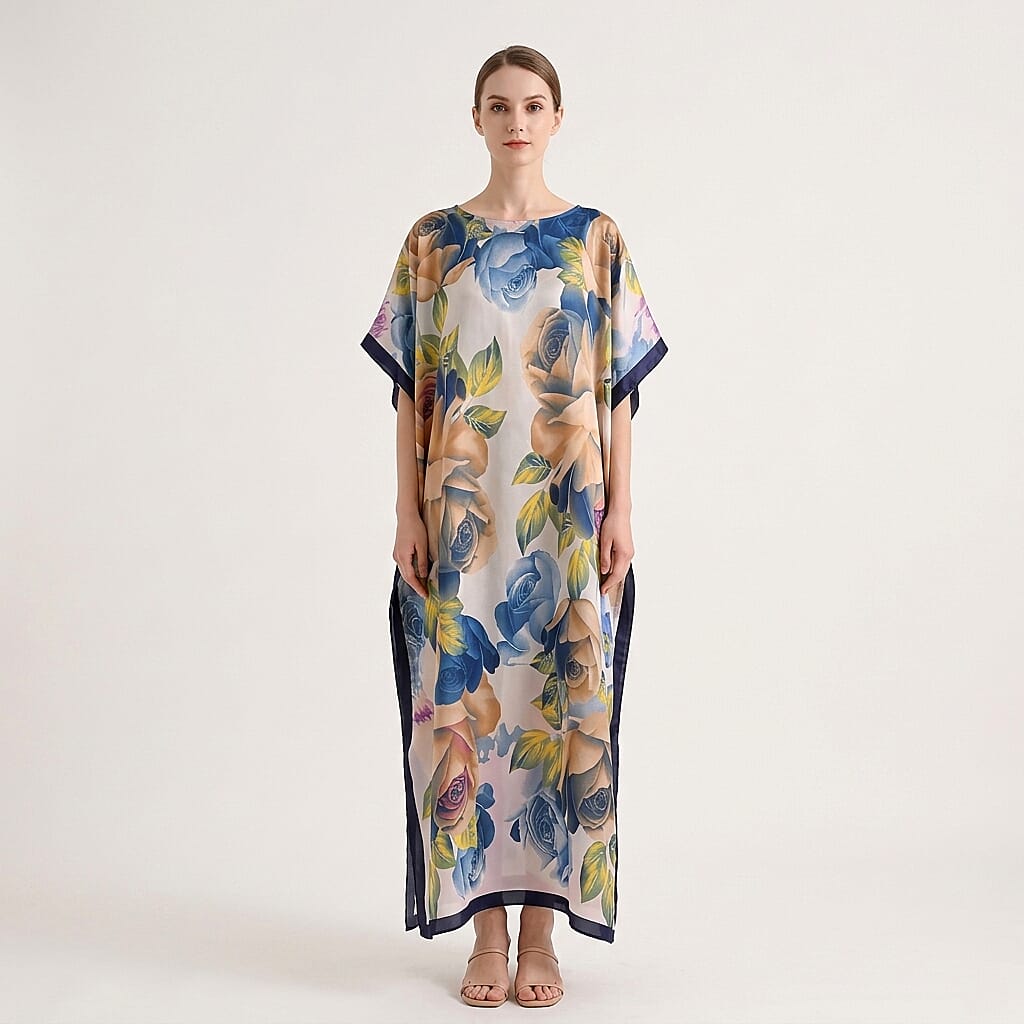 La Marey Off- White Floral Print Long Kaftan with Scarf