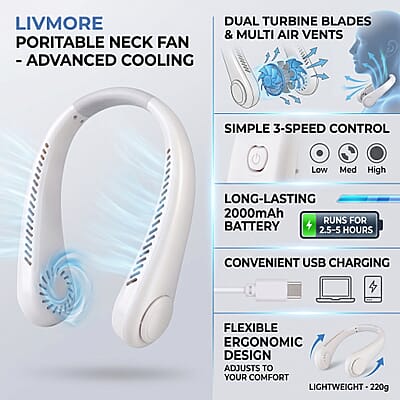 Livmore White Rechargeable Portable Neck Fan