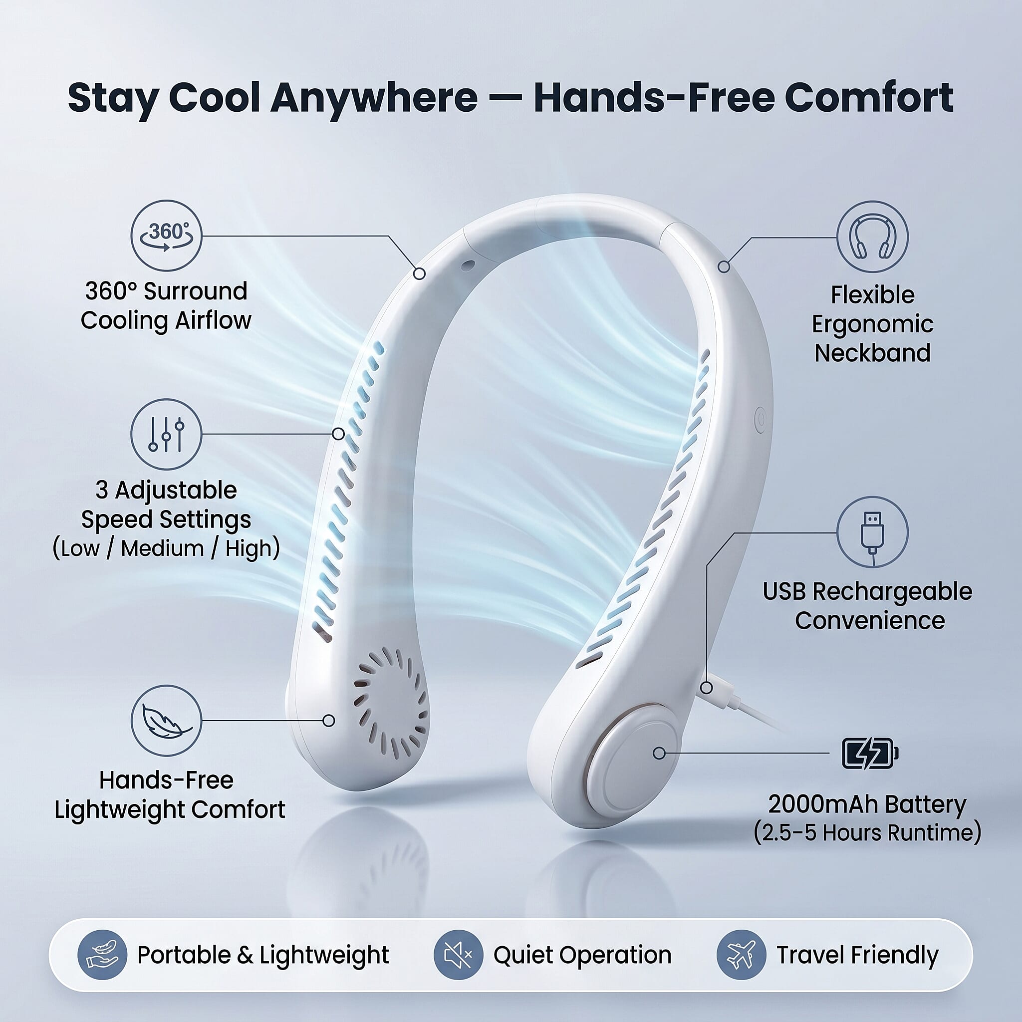 Livmore White Rechargeable Portable Neck Fan