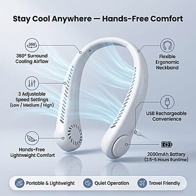 Livmore White Rechargeable Portable Neck Fan