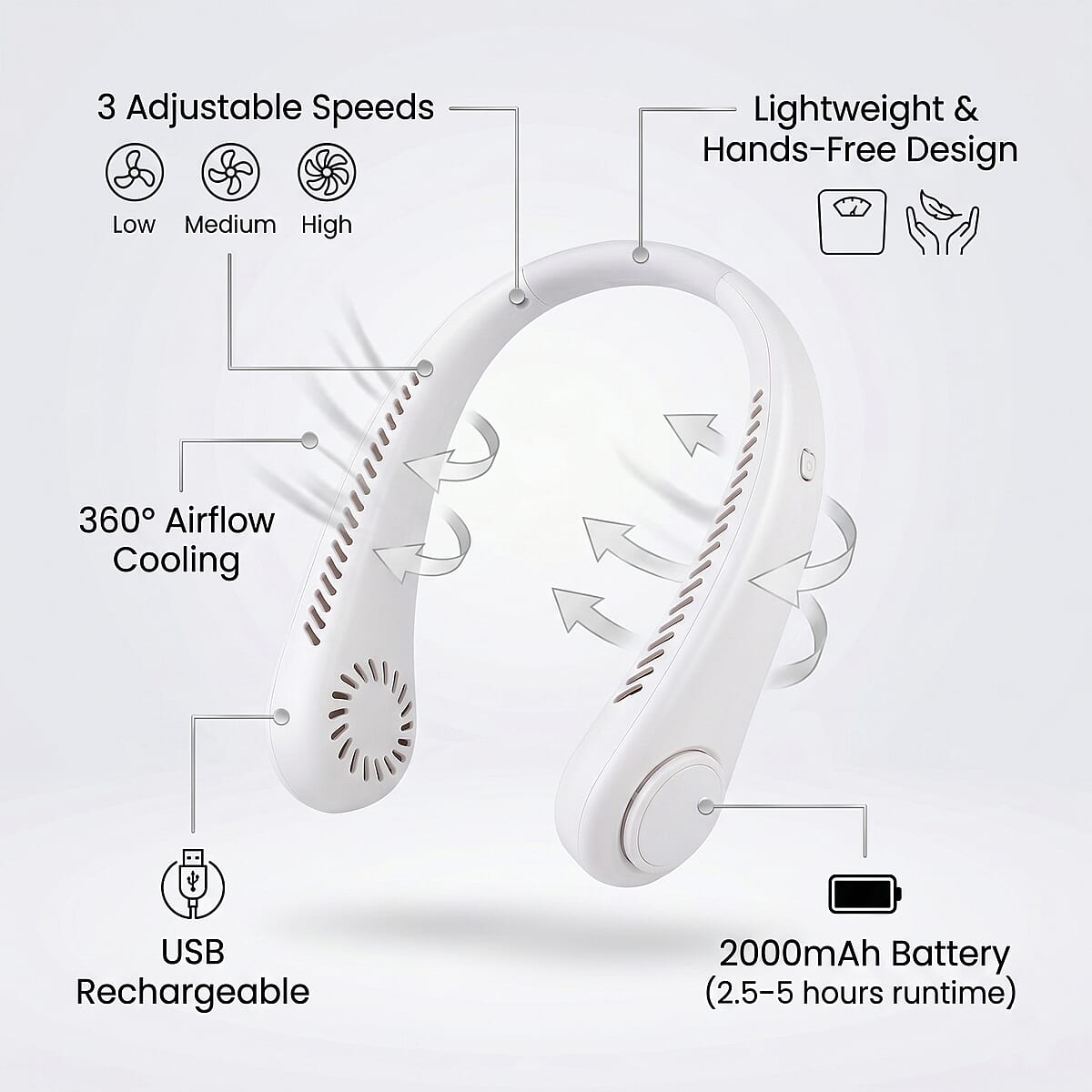 Livmore White Rechargeable Portable Neck Fan (5.66"x2.36"x8.77") image number 6