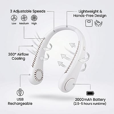 Livmore White Rechargeable Portable Neck Fan