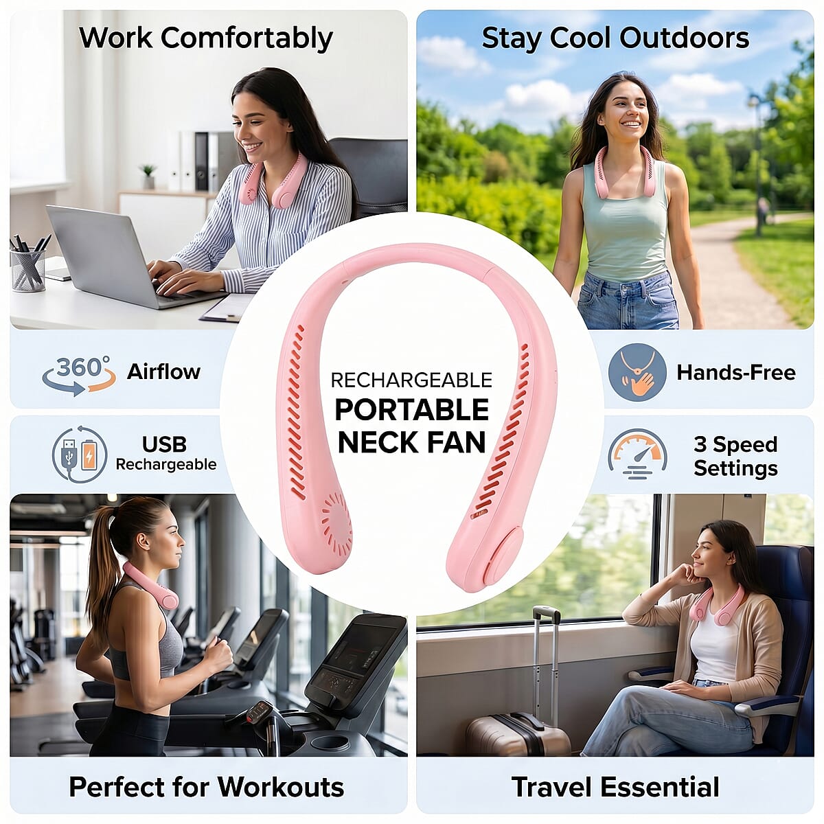 Livmore Pink Rechargeable Portable Neck Fan image number 2