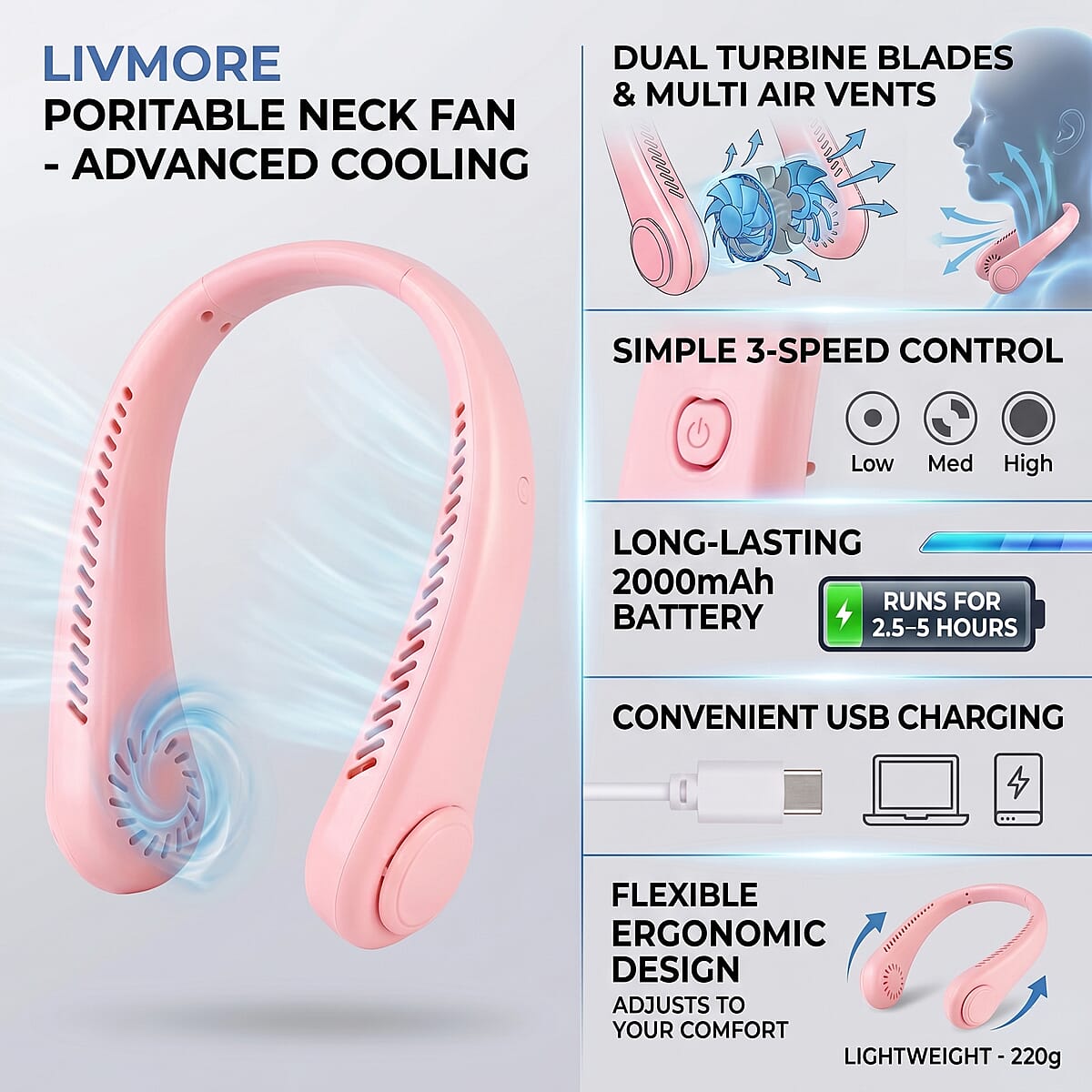Livmore Pink Rechargeable Portable Neck Fan image number 4