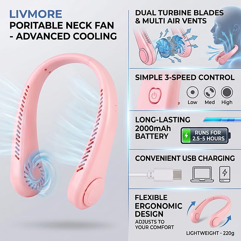 Livmore Pink Rechargeable Portable Neck Fan