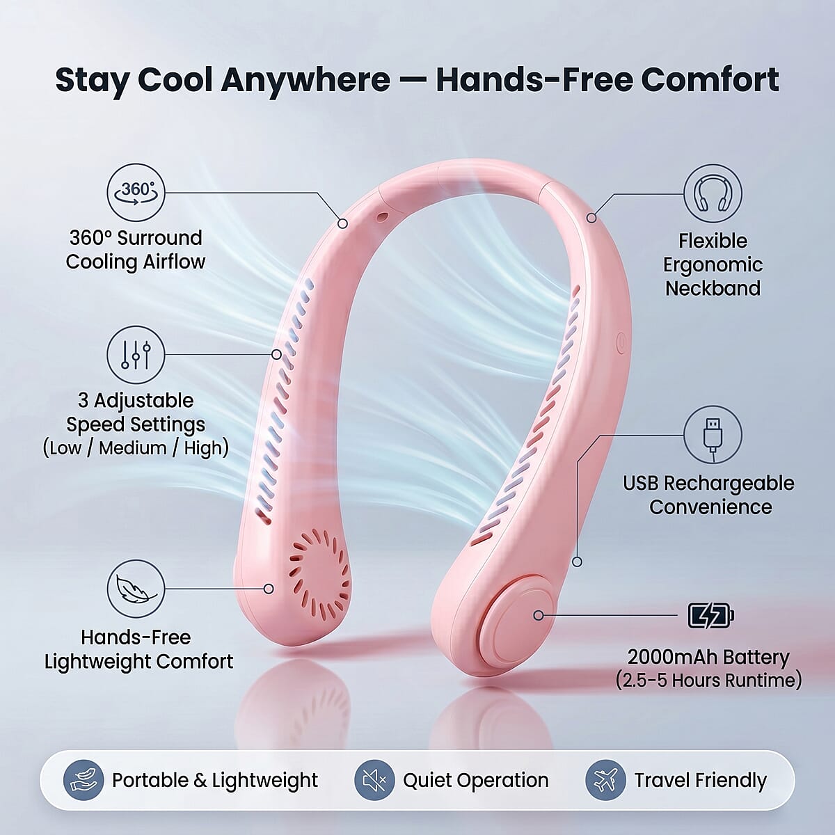 Livmore Pink Rechargeable Portable Neck Fan image number 5