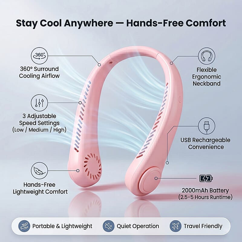 Livmore Pink Rechargeable Portable Neck Fan