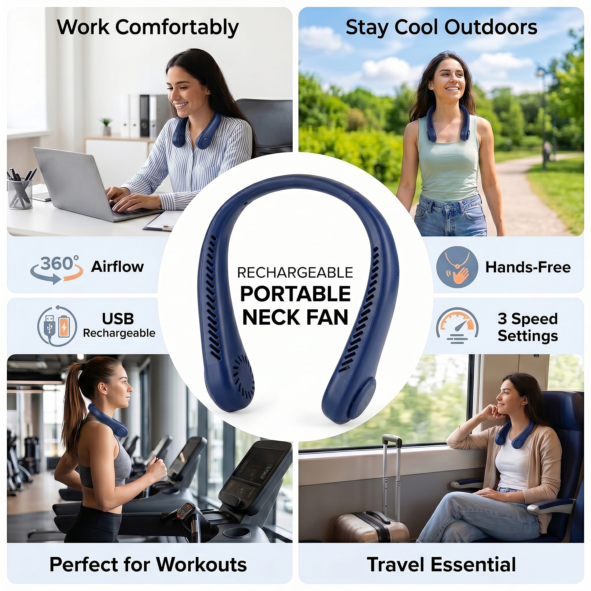 Livmore Blue Rechargeable Portable Neck Fan