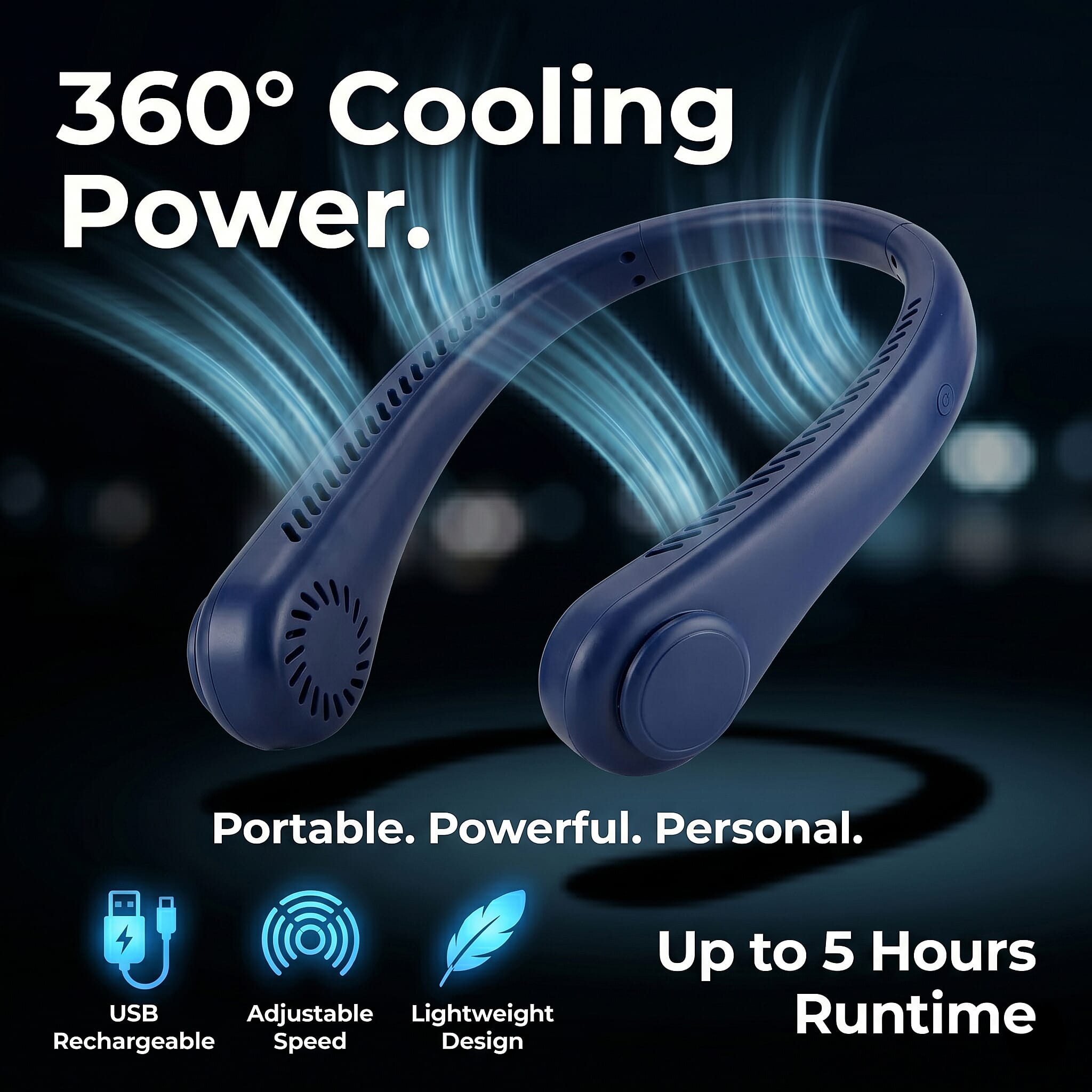 Livmore Blue Rechargeable Portable Neck Fan