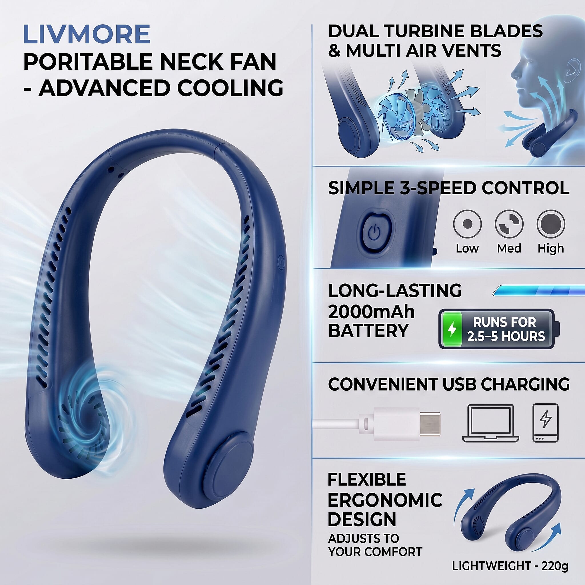 Livmore Blue Rechargeable Portable Neck Fan