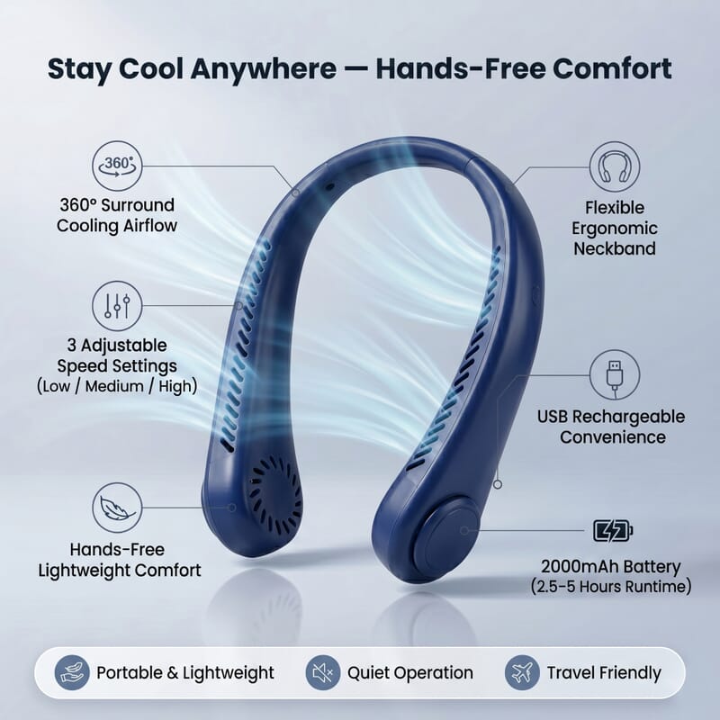 Livmore Blue Rechargeable Portable Neck Fan