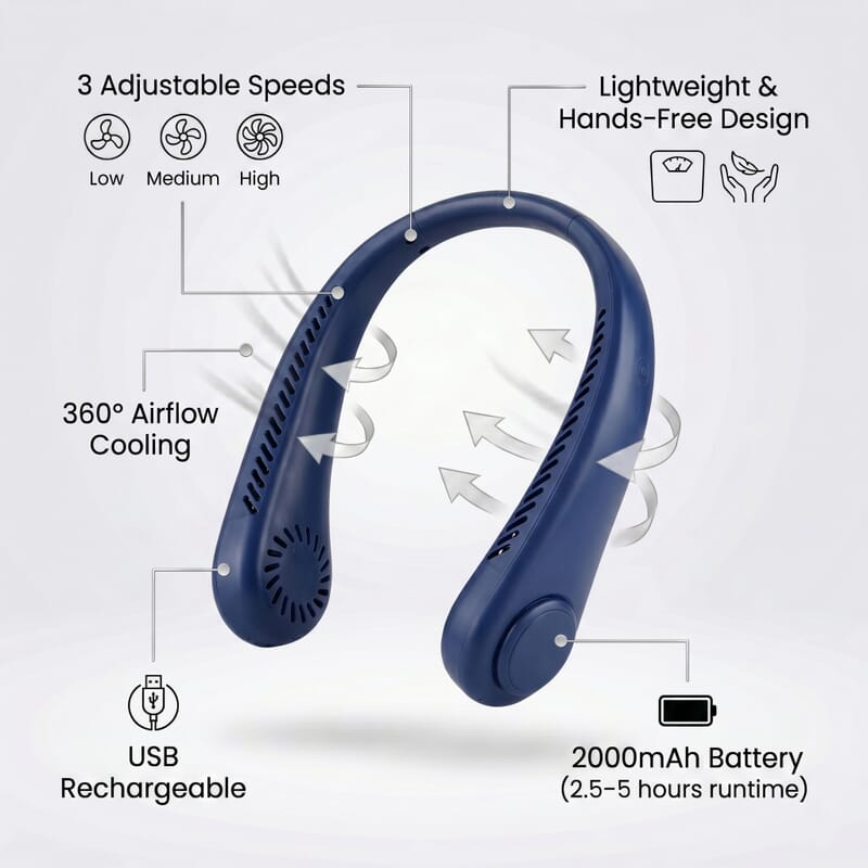 Livmore Blue Rechargeable Portable Neck Fan