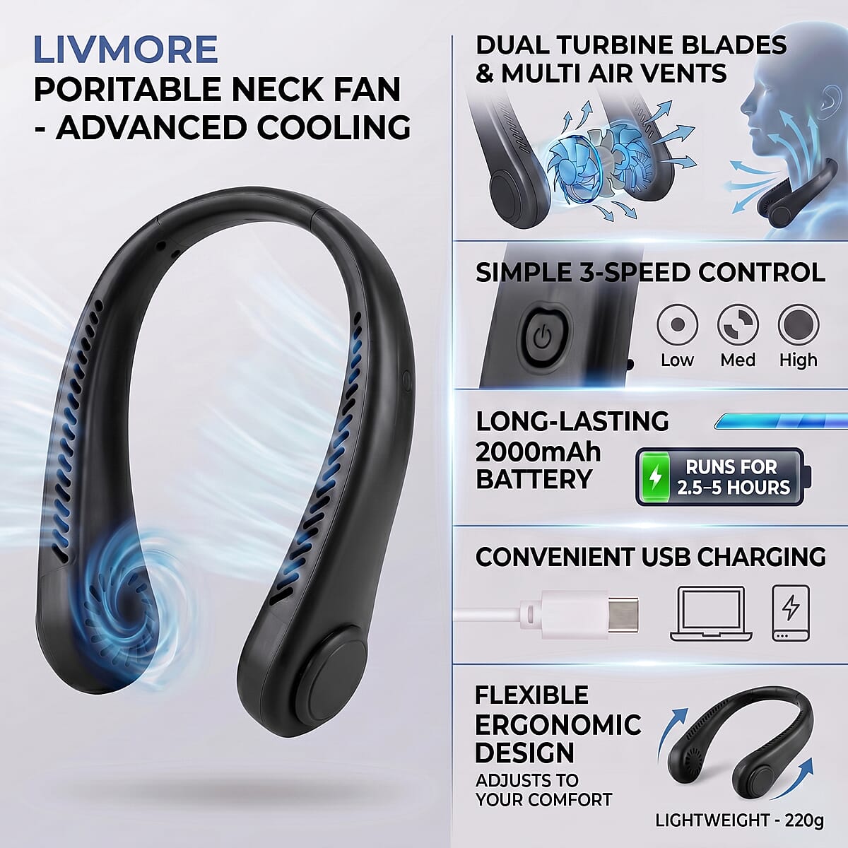 Livmore Black Rechargeable Portable Neck Fan image number 4