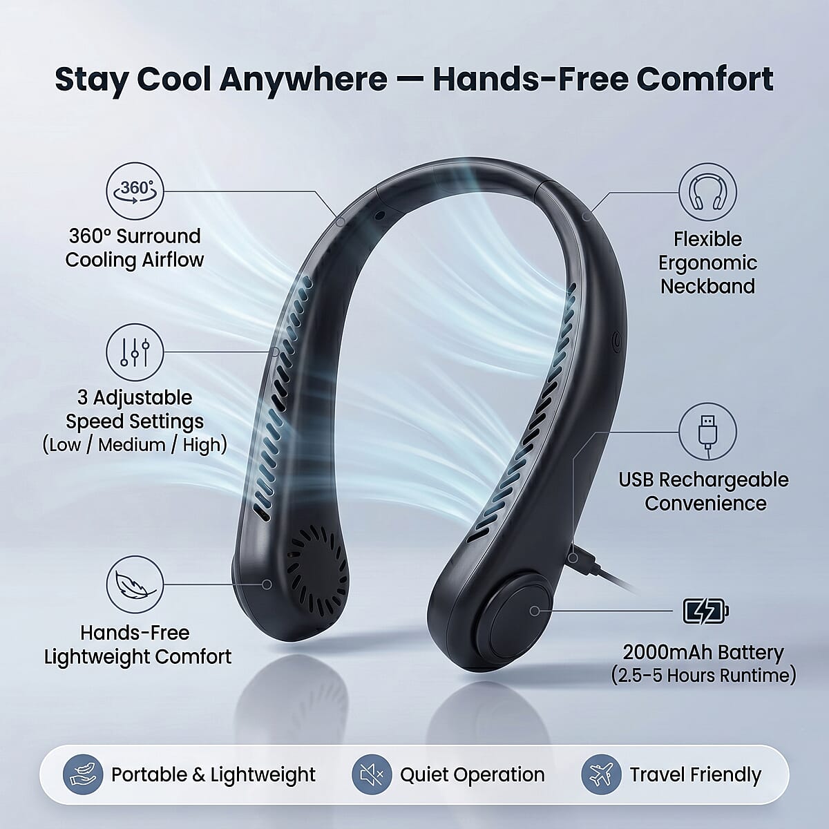 Livmore Black Rechargeable Portable Neck Fan image number 5
