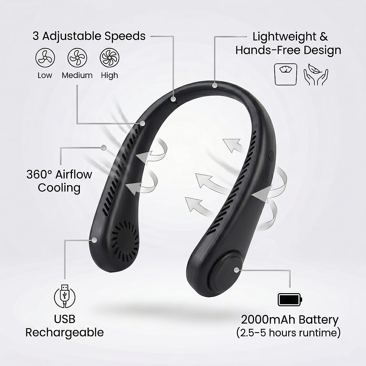 Livmore Black Rechargeable Portable Neck Fan image number 6