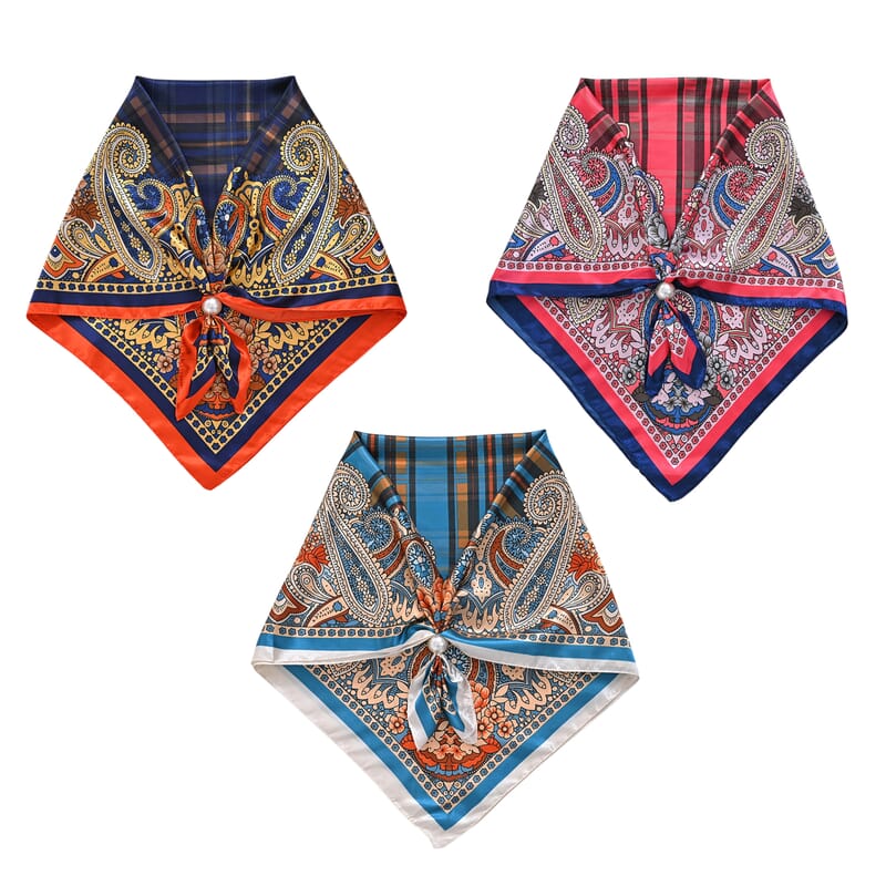 La Marey Purple, Orange and Sky Blue Set of 3 Paisley Print Scarf with Pearl Buckle