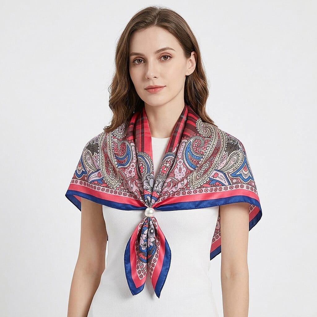 La Marey Purple, Orange and Sky Blue Set of 3 Paisley Print Scarf with Pearl Buckle