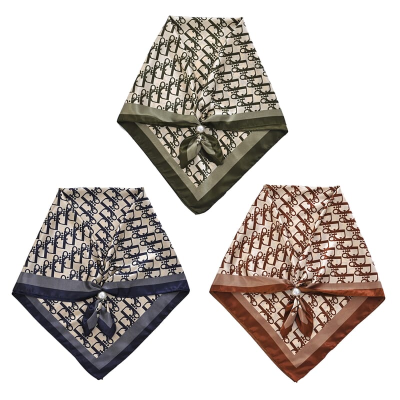 La Marey Green, Navy and Brown Set of 3 Geometric Monogram Print Scarf with Pearl Buckle