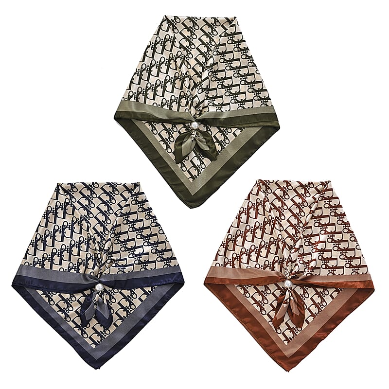 La Marey Green, Navy and Brown Set of 3 Geometric Monogram Print Scarf with Pearl Buckle