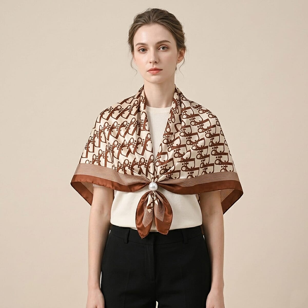 La Marey Green, Navy and Brown Set of 3 Geometric Monogram Print Scarf image number 1