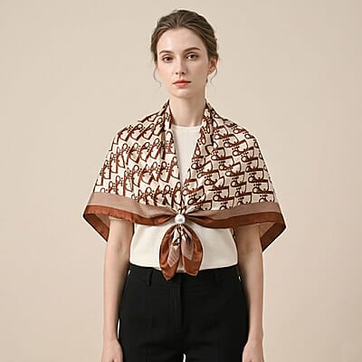La Marey Green, Navy and Brown Set of 3 Geometric Monogram Print Scarf with Pearl Buckle
