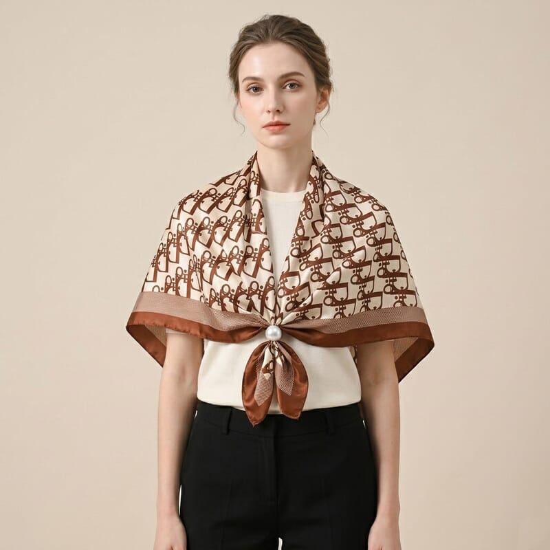 La Marey Green, Navy and Brown Set of 3 Geometric Monogram Print Scarf with Pearl Buckle