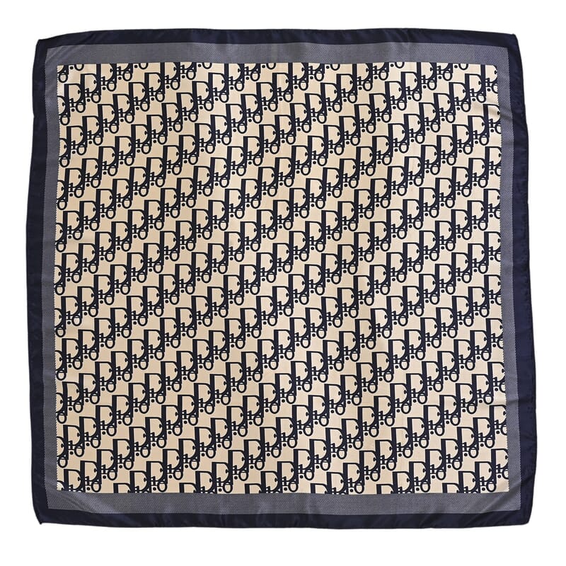 La Marey Green, Navy and Brown Set of 3 Geometric Monogram Print Scarf with Pearl Buckle