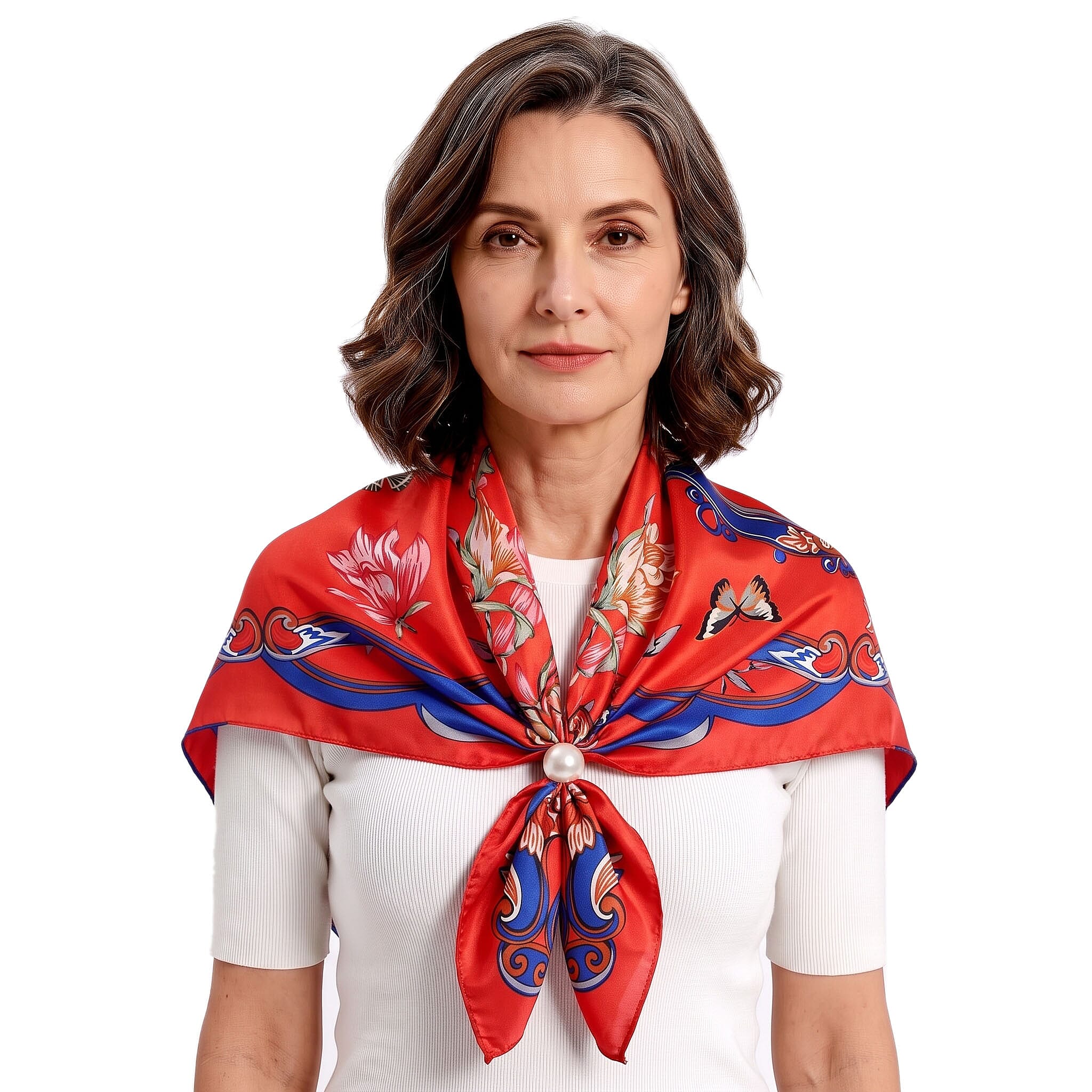 La Marey Multi Color Set of 3 Floral Print Scarf with Pearl Buckle
