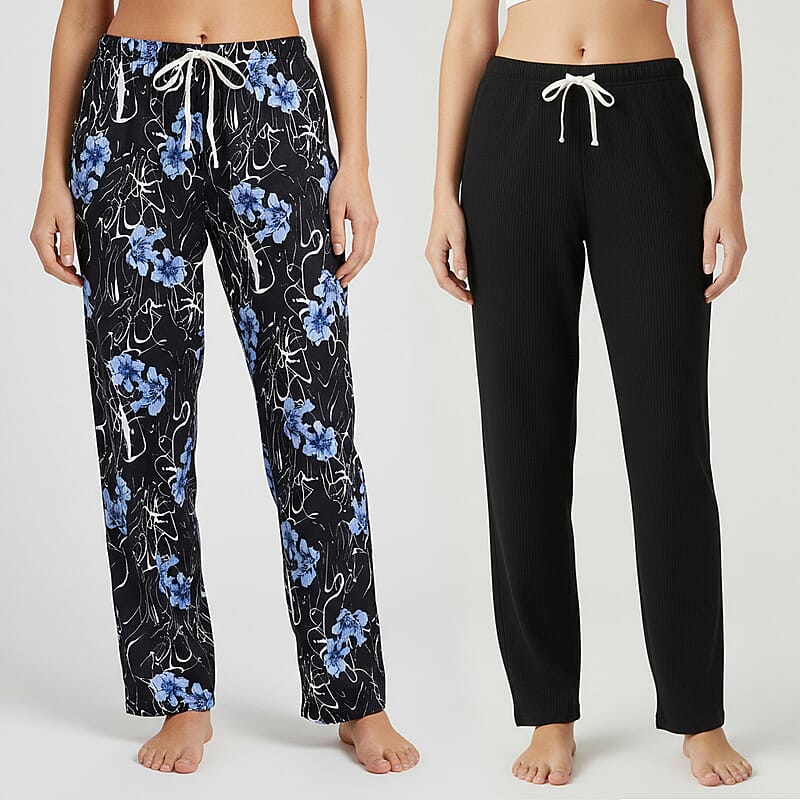 La Marey Black and Blue Floral Print Set of 2 Pajama Pants - One Size Fits Most