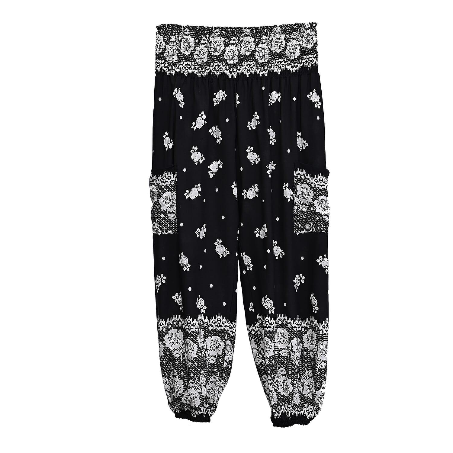 La Marey Black Floral Harem Pant with 2 Pockets - One Size Fits Most