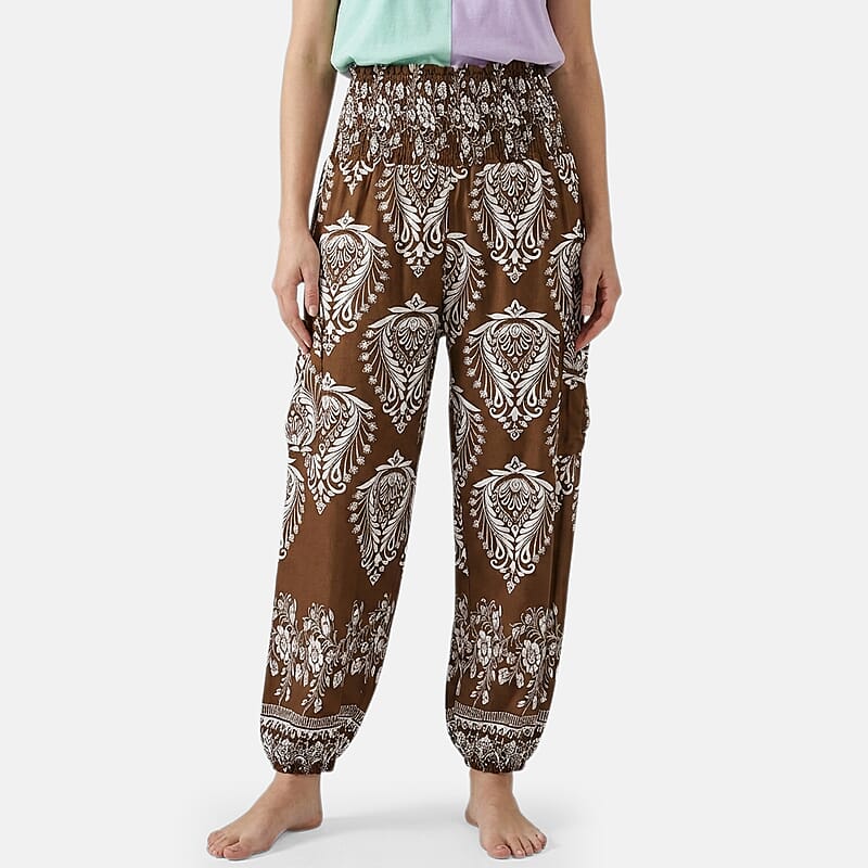 La Marey Brown Floral Harem Pants with 2 Pockets - One Size Fits Most