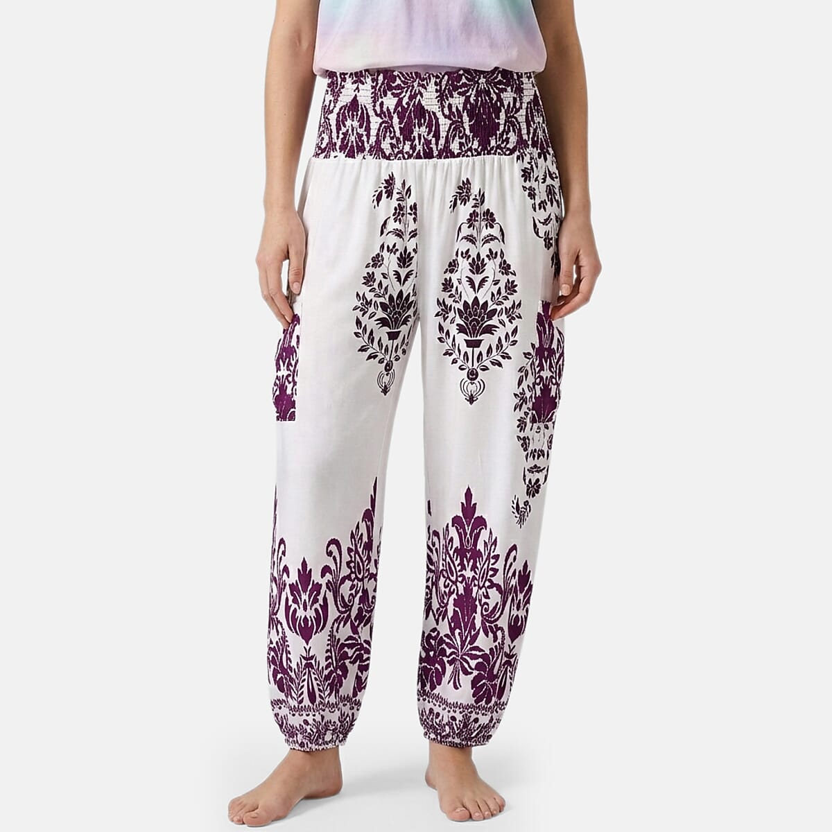 La Marey Purple White Floral Harem Pant with 2 Pockets - One Size Fits Most image number 0
