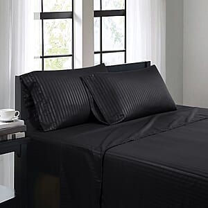 Bibb Home 4pc Black Damask Stripe Microfiber Sheet Set with 12 Pocket Depth -Twin