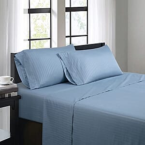 Bibb Home 4pc Denim Blue Damask Stripe Microfiber Sheet Set with 12 Pocket Depth -Twin