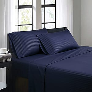 Bibb Home 4pc Navy Damask Stripe Microfiber Sheet Set with 12 Pocket Depth -Full