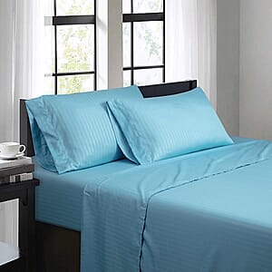 Bibb Home 4pc Aqua Damask Stripe Microfiber Sheet Set with 12 Pocket Depth -Queen