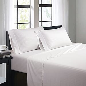 Bibb Home 4pc White Damask Stripe Microfiber Sheet Set with 12 Pocket Depth -Queen