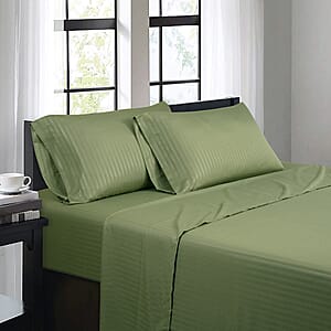 Bibb Home 4pc Sage Damask Stripe Microfiber Sheet Set with 12 Pocket Depth -Queen