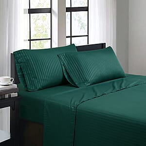 Bibb Home 4pc Green Damask Stripe Microfiber Sheet Set with 12 Pocket Depth -Queen