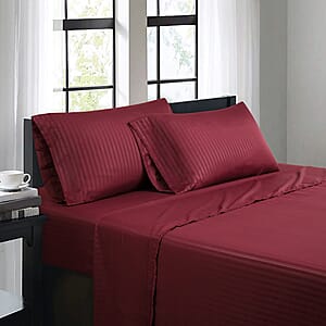 Bibb Home 4pc Burgundy Damask Stripe Microfiber Sheet Set with 12 Pocket Depth -King