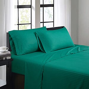 Bibb Home 4pc Teal Damask Stripe Microfiber Sheet Set with 12 Pocket Depth -King